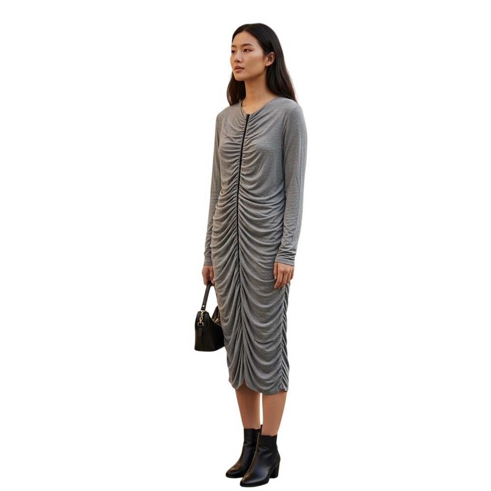 Pinko Gray Ruched Front Zip Long Sleeve Midi Dress Made in Italy Womens Size S